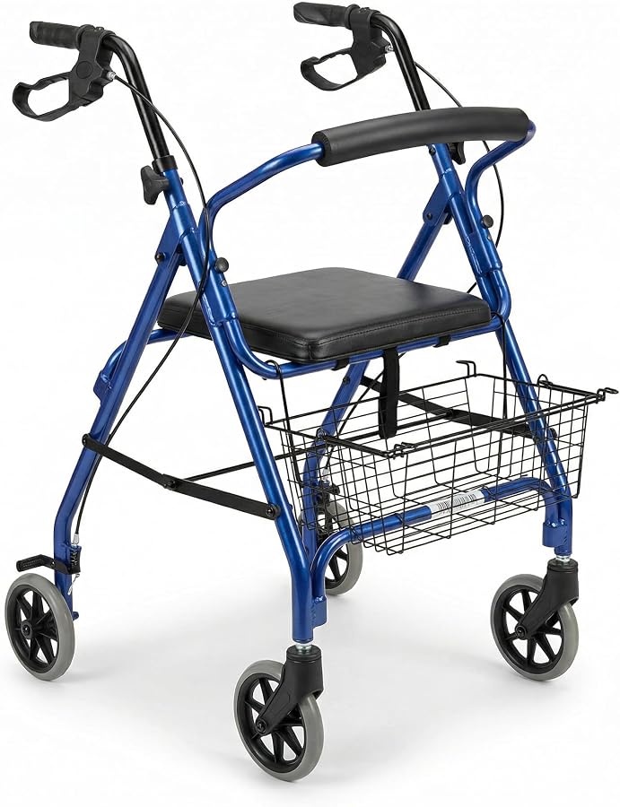 Rollator blu con seduta e cestino