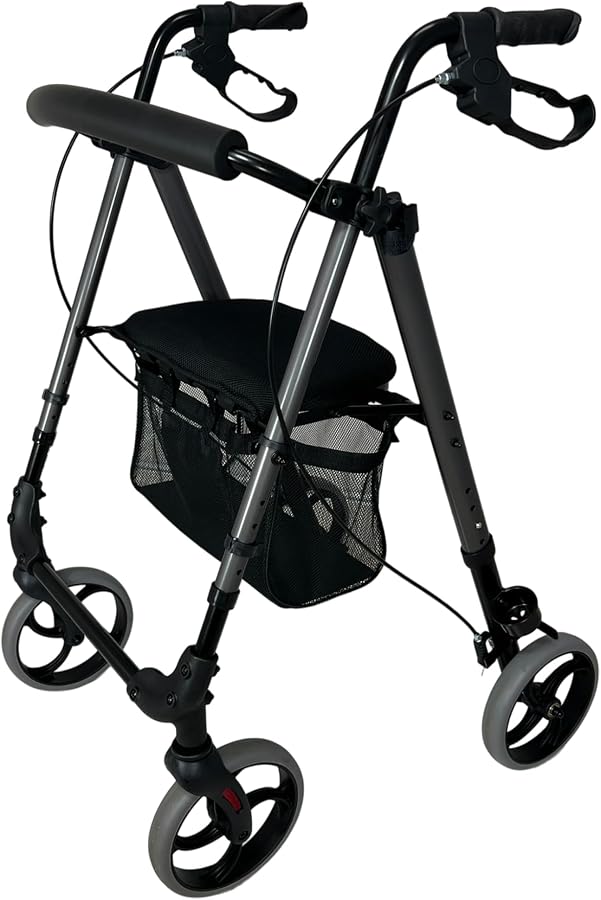 Rollator Nomad grigio con seduta imbottita e cestino
